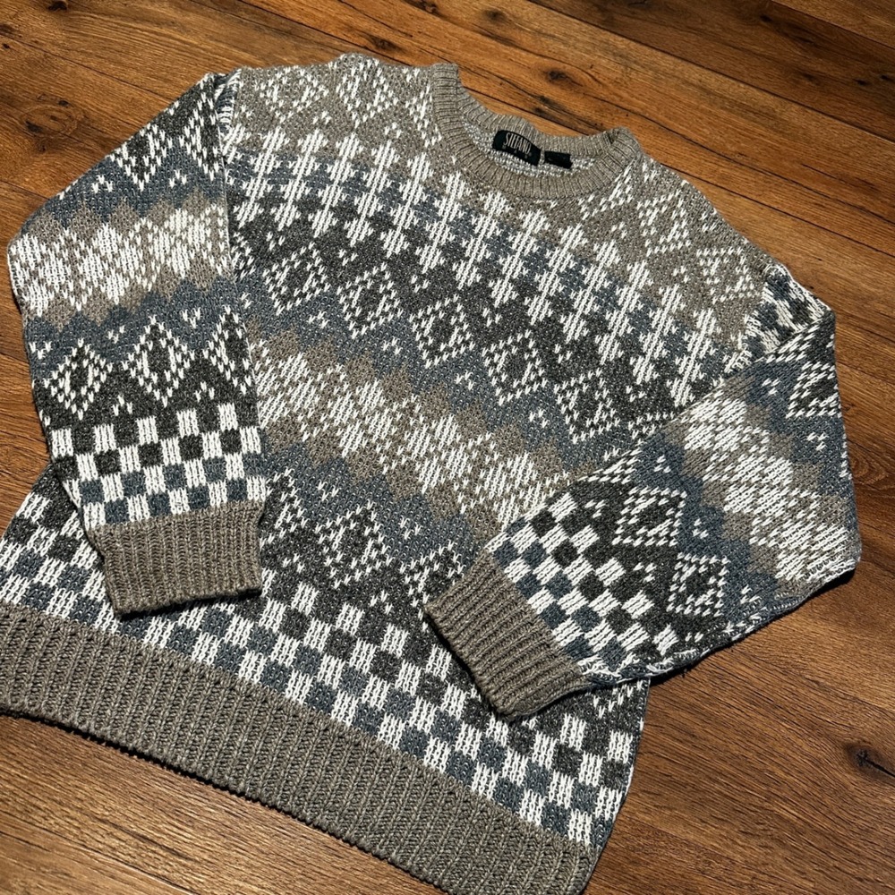 Vintage Stefano Man Grey Tan Geometric Knit Sweater Mens XL